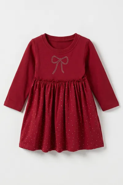 Bordo (1-5 Yaş) Fiyonk Baskılı Taşlı Uzun Kol Kız Çocuk Elbise 475780