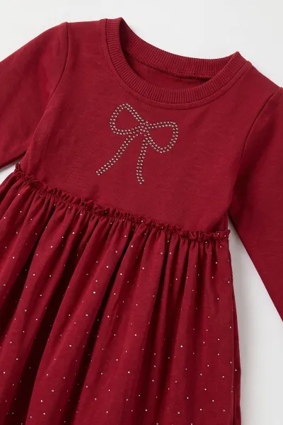 Bordo (1-5 Yaş) Fiyonk Baskılı Taşlı Uzun Kol Kız Çocuk Elbise 475780