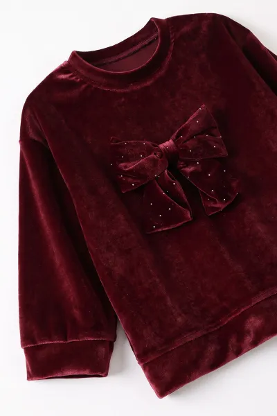 Bordo (1-5 Yaş) Kadife Taşlı Fiyonklu Kız Çocuk Takım 488970