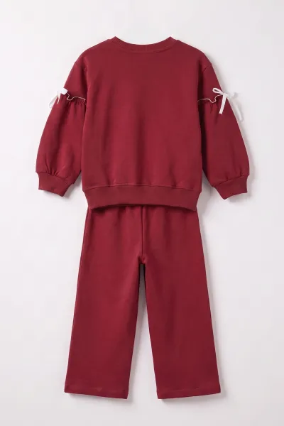 Bordo (1-5 Yaş) Kalp Nakışlı Kol Büzgü Detaylı 2 İp Kız Çocuk Mevsimlik Takım 472692