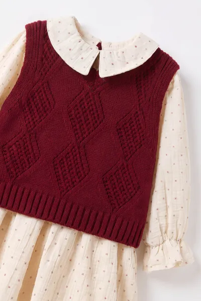 Bordo (1-5 Yaş) Puantiye Desen Müslin Elbiseli Triko Süveterli Kız Çocuk Elbiseli Takım 501061