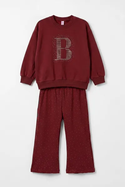 Bordo (1-5 Yaş) Taş Baskılı Bol Paça Kız Çocuk Mevsimlik Takım 476203