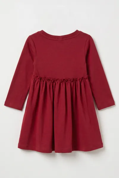 Bordo (1-5 Yaş) Taş Baskılı  Uzun Kol Kız Çocuk Elbise 475786