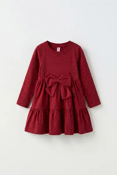 Bordo (1-5 Yaş) Taşlı Fiyonklu  Kız Çocuk Elbise 475686