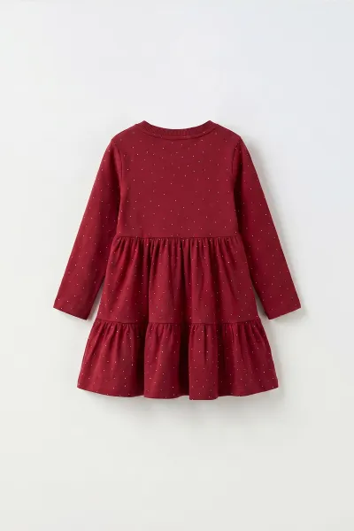 Bordo (1-5 Yaş) Taşlı Fiyonklu  Kız Çocuk Elbise 475686
