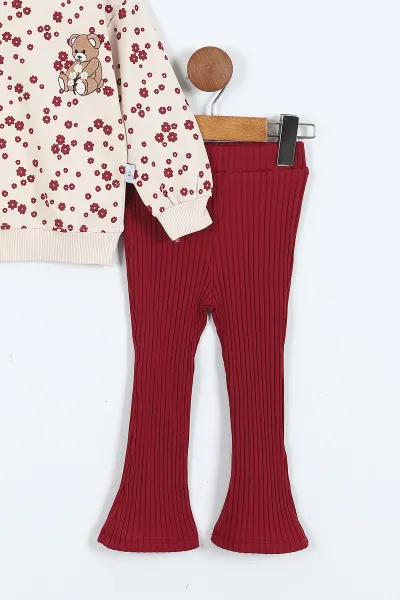 Bordo (1-5 Yaş)Ayıcık Nakışlı    Baskılı Fitilli Taytlı Kız Çocuk Takım 414325 414906