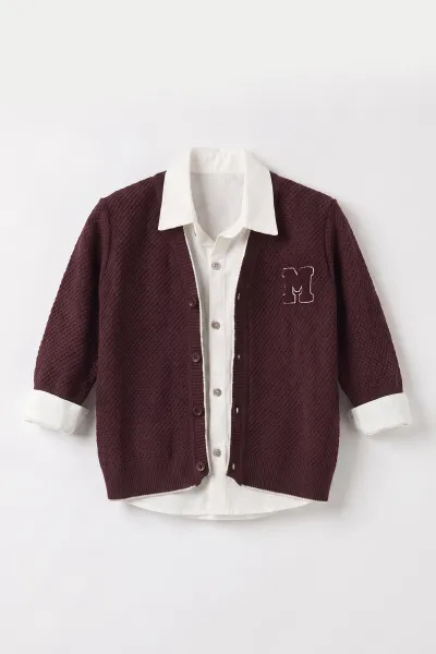 Bordo (1-9 Yaş)  Gömlekli M Nakışlı Triko Hırkalı   Kot  Pantolonlu Erkek Çocuk 3'lü Takım 501719