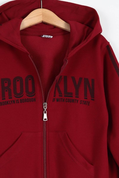 Bordo (10-13 Yaş) Brooklyn Baskılı Fermuarlı Kapüşonlu İki İp Erkek Çocuk Takım 195461