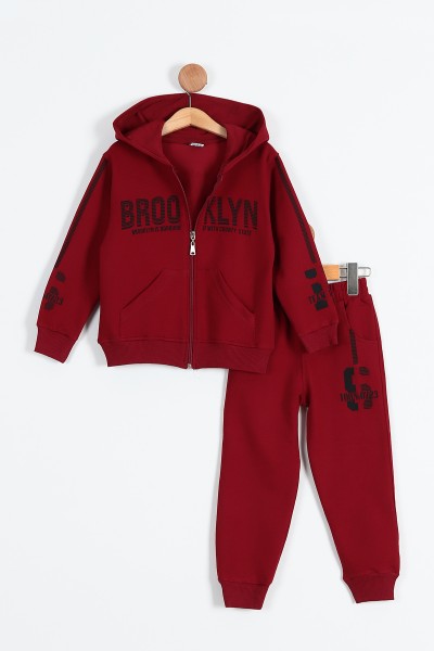 Bordo (10-13 Yaş) Brooklyn Baskılı Fermuarlı Kapüşonlu İki İp Erkek Çocuk Takım 195461