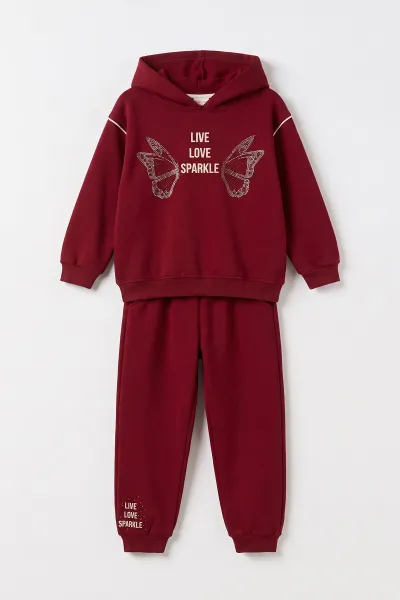 Bordo (10-14 Yaş) Kelebek Taş Baskılı Kapüşonlu 3 İp Şardonlu Kız Çocuk Kışlık Takım 498228