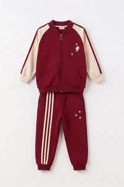 Bordo (10-14 Yaş) Love Nakışlı Yandan Şeritli 3 İp Şardonlu Kız Çocuk Kışlık Takım 498052