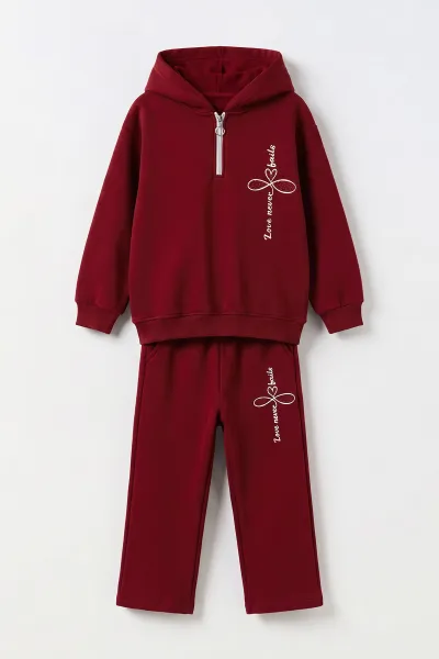 Bordo (10-14 Yaş) Taş Baskılı Kapüşonlu Yakası Yarım Fermuarlı 3 İp Şardonlu Kız Çocuk Kışlık Takım 498137