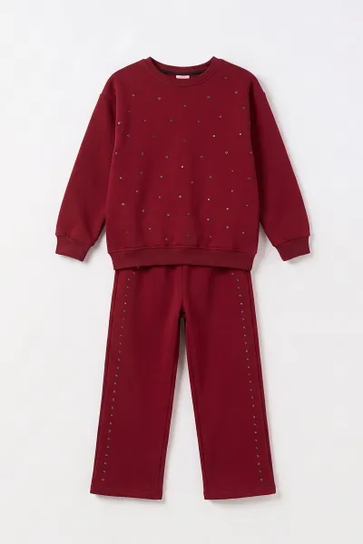 Bordo (10-14 Yaş) Taşlı 3 İp Şardonlu Kız Çocuk Kışlık Takım 498233