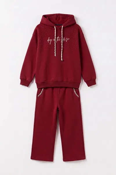 Bordo (10-14 Yaş) Yazı ve Taş Baskılı Kapüşonlu 3 İp Şardonlu Kız Çocuk Kışlık Takım 499086