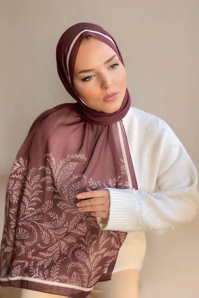 Bordo 180X70 cm Dijital Baskı Flovery Desenli Pamuk Şal 335034