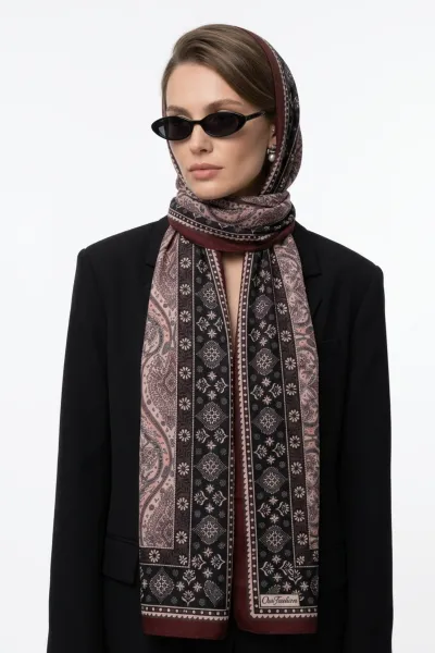 Bordo 180x70 Cm Our Fashion Dijital Baskılı Desenli Bambu Kraş Şal 488545