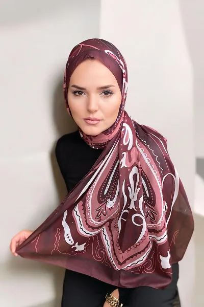 Bordo 180x70 Etnik Desen Dijital Baskılı Pamuk Şal 323055