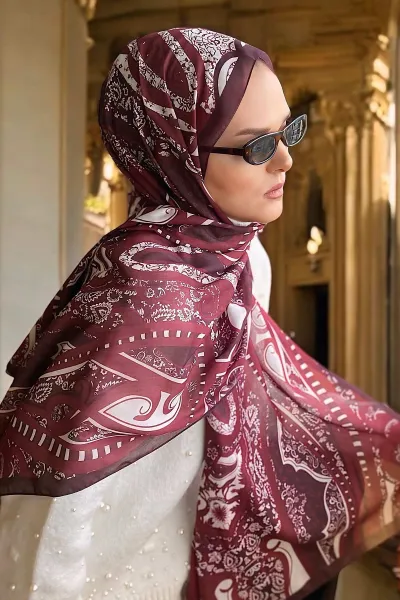 Bordo 180x70 Etnik Desen Dijital Baskılı Pamuk Şal 323059