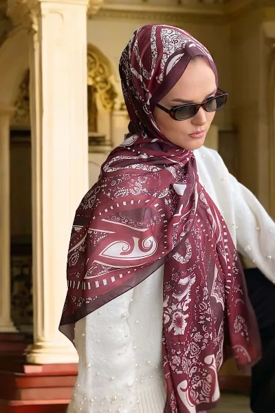 Bordo 180x70 Etnik Desen Dijital Baskılı Pamuk Şal 323059