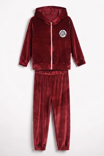 Bordo (2-10 Yaş) Fermuarlı Kapüşonlu Kadife Kız Çocuk Takım 481251