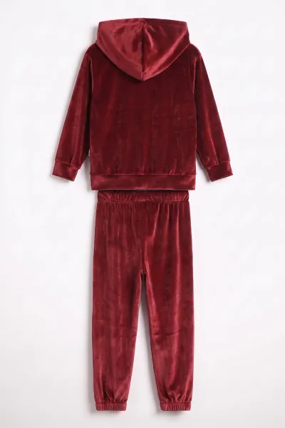 Bordo (2-10 Yaş) Fermuarlı Kapüşonlu Kadife Kız Çocuk Takım 481251