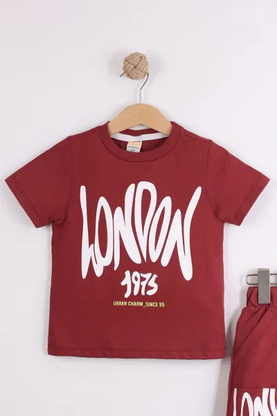 Bordo (2-10  Yaş) London Baskılı Cepli Şortlu Penye Erkek Çocuk Yazlık 2'li Takım 454625