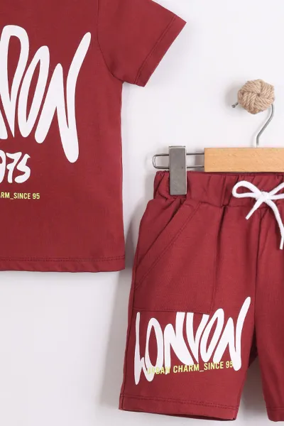 Bordo (2-10  Yaş) London Baskılı Cepli Şortlu Penye Erkek Çocuk Yazlık 2'li Takım 454625