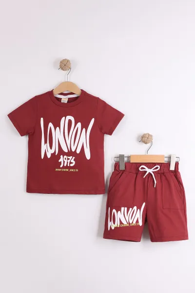 Bordo (2-10  Yaş) London Baskılı Cepli Şortlu Penye Erkek Çocuk Yazlık 2'li Takım 454625