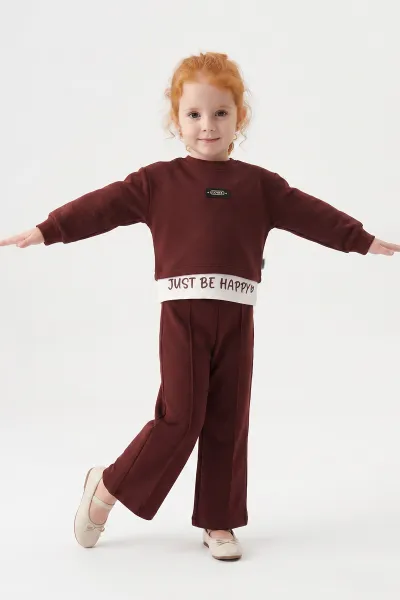 Bordo (2-5 Yaş) Armalı Just Be Happy Baskılı Oysho Kumaş  Kız Çocuk Takım 471250