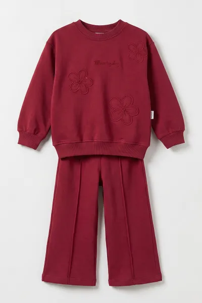 Bordo (2-5 Yaş) Çiçek Nakışlı Kız Çocuk Takım 471307