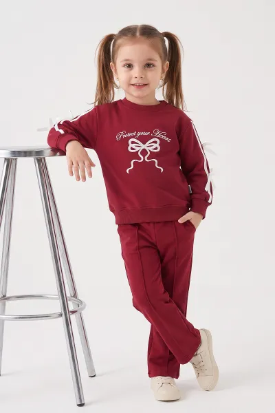 Bordo (2-5 Yaş) Fiyonk Nakışlı 2 İp Kız Çocuk Takım 471221