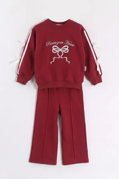 Bordo (2-5 Yaş) Fiyonk Nakışlı 2 İp Kız Çocuk Takım 471221