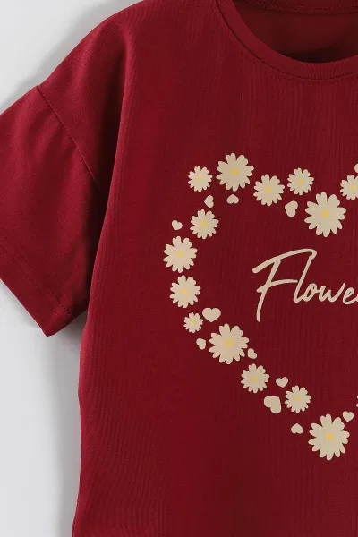 Bordo (2-5 Yaş) Flowers Baskılı Süprem Tişörtlü Gabardin Şortlu Kız Çocuk Yazlık Takım 445567