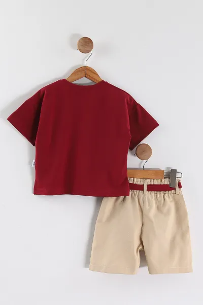 Bordo (2-5 Yaş) Flowers Baskılı Süprem Tişörtlü Gabardin Şortlu Kız Çocuk Yazlık Takım 445567