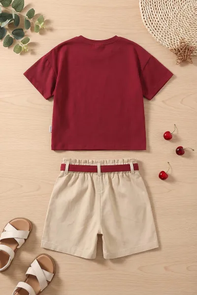 Bordo (2-5 Yaş) Flowers Baskılı Süprem Tişörtlü Gabardin Şortlu Kız Çocuk Yazlık Takım 445567