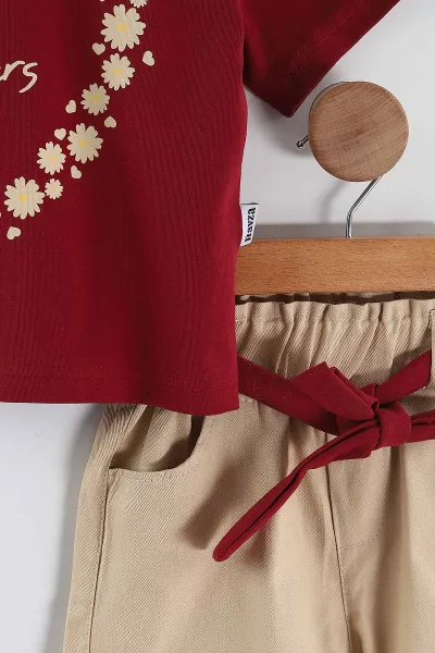 Bordo (2-5 Yaş) Flowers Baskılı Süprem Tişörtlü Gabardin Şortlu Kız Çocuk Yazlık Takım 445567