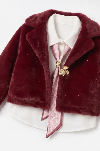 Bordo (2-5 Yaş) Fularlı İncili Kaşe Kız Çocuk 3'lü Takım 495920
