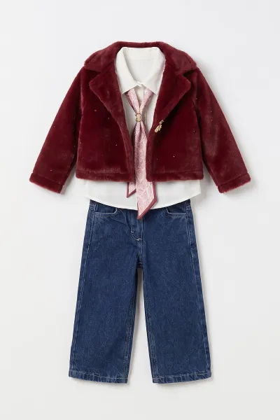 Bordo (2-5 Yaş) Fularlı İncili Kaşe Kız Çocuk 3'lü Takım 495920