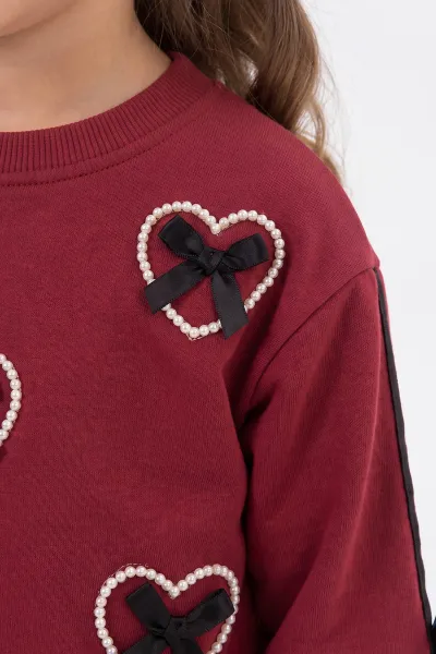Bordo (2-5 Yaş) Kalp Baskılı Fiyonk Nakışlı Kız Çocuk Takım 471273