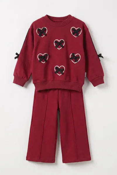 Bordo (2-5 Yaş) Kalp Baskılı Fiyonk Nakışlı Kız Çocuk Takım 471273