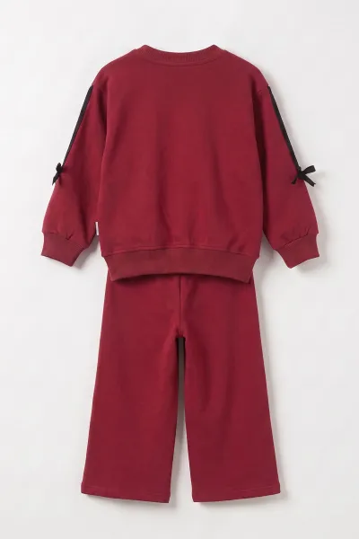 Bordo (2-5 Yaş) Kalp Baskılı Fiyonk Nakışlı Kız Çocuk Takım 471273