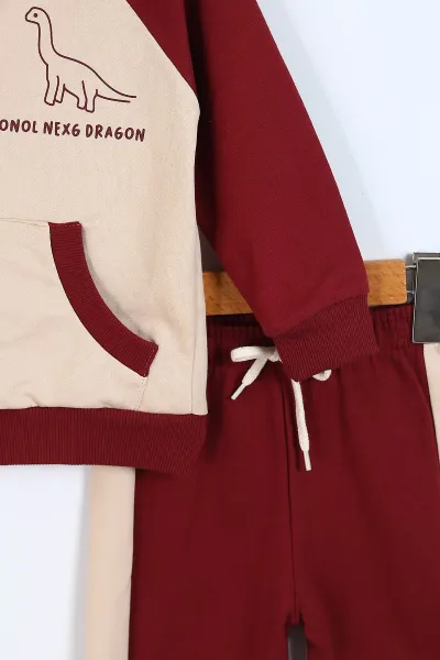 Bordo (2-5 Yaş) Kapüşonlu Baskılı Hırkalı Erkek Çocuk Takım 337086
