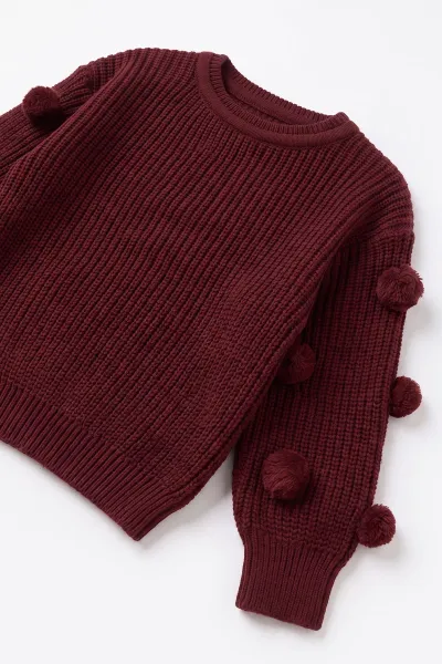 Bordo (2-5 Yaş) Ponpon Detay Triko Kazak 3 İplik Alt Kız Çocuk Takım 493351