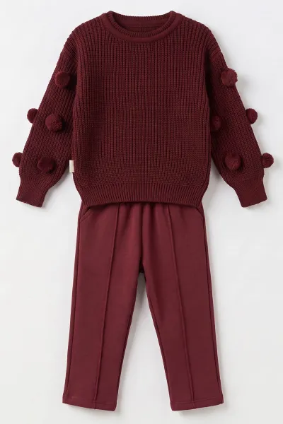 Bordo (2-5 Yaş) Ponpon Detay Triko Kazak 3 İplik Alt Kız Çocuk Takım 493351