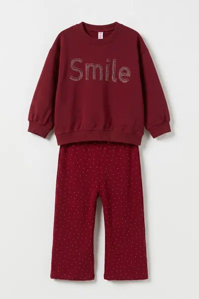 Bordo (2-5 Yaş) Smile Baskılı Taşlı Kız Çocuk Takım 475953