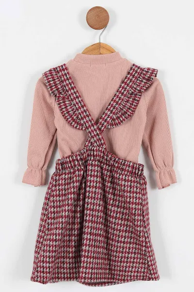 Bordo (2-5 Yaş)Askısı Fırfırlı Ekose Model Kız Çocuk Salopet 338054
