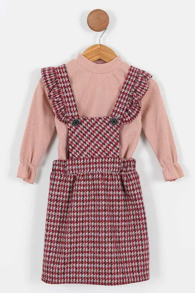 Bordo (2-5 Yaş)Askısı Fırfırlı Ekose Model Kız Çocuk Salopet 338054