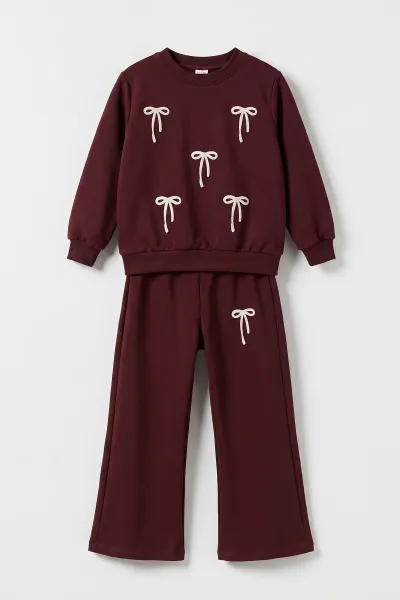Bordo (2-5 Yaş)Fiyonk Nakışlı İki İp Kız Çocuk Takım 476261