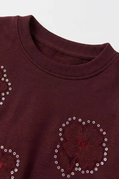 Bordo (2-6 Yaş) Çiçek Nakışlı Pullu 2 İp Kız Çocuk Mevsimlik Takım 480526