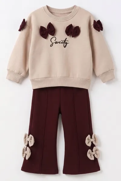 Bordo (2-6 Yaş) Fiyonk Nakışlı Alt Çimalı 3 İp Şardonlu Kız Çocuk Kışlık Takım 493790